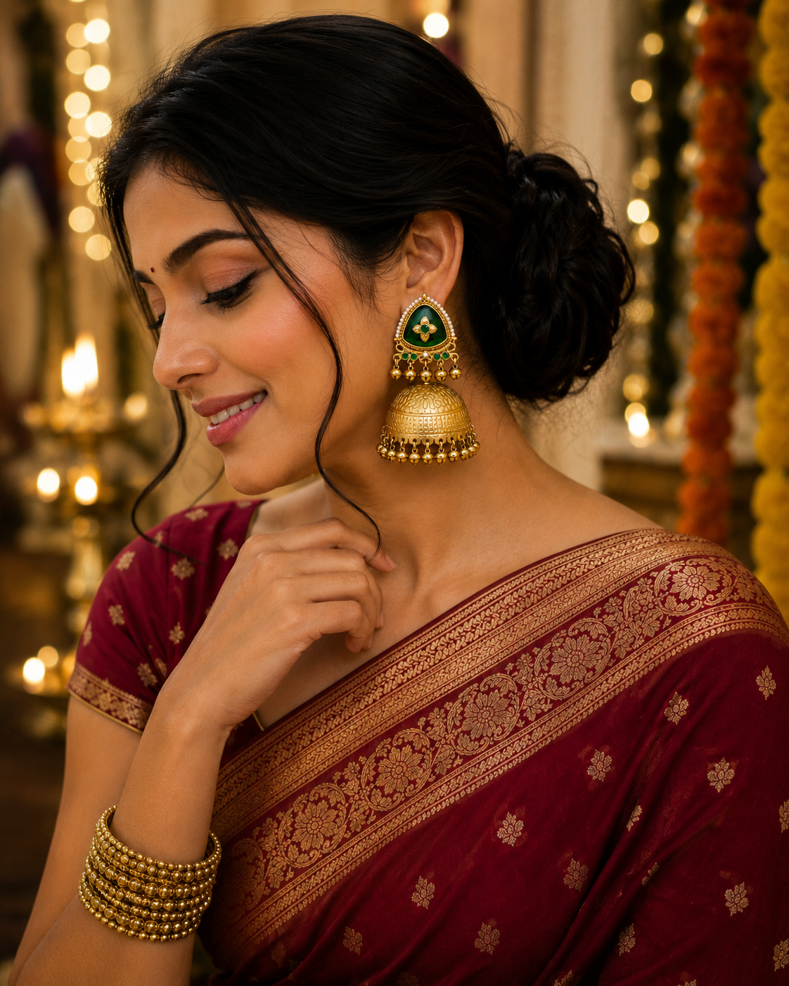 Matte Gold Plated Oversized Jhumka Earings with Kundan Polki Ghungroo Pearls for Women - Green (SJE_336_G)