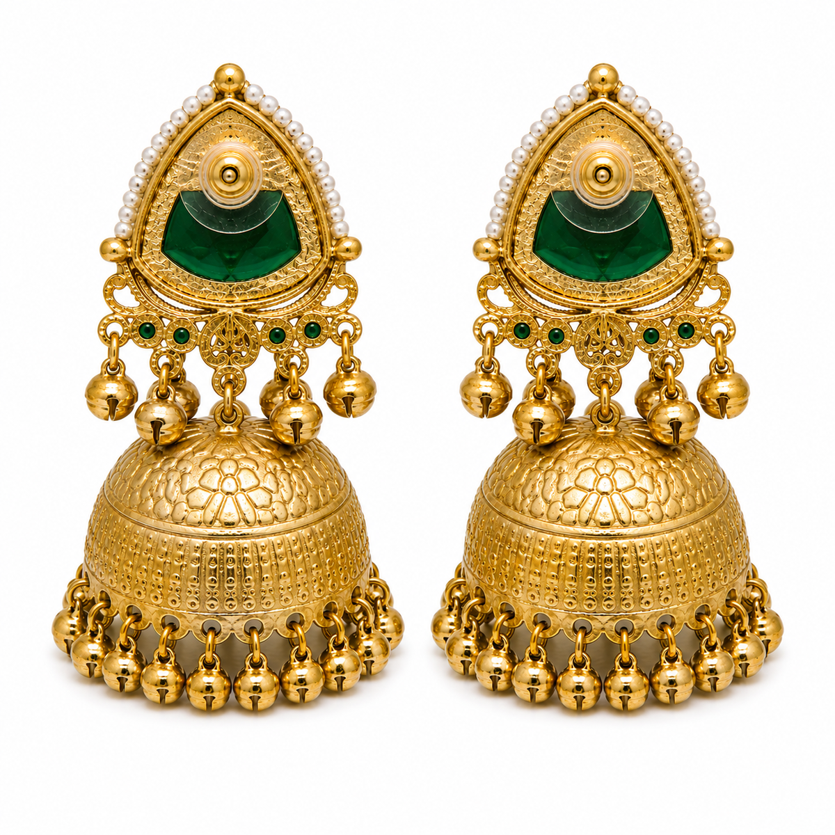 Matte Gold Plated Oversized Jhumka Earings with Kundan Polki Ghungroo Pearls for Women - Green (SJE_336_G)