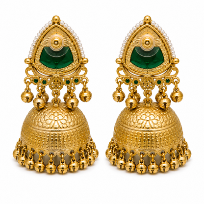 Matte Gold Plated Oversized Jhumka Earings with Kundan Polki Ghungroo Pearls for Women - Green (SJE_336_G)