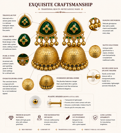 Matte Gold Plated Oversized Jhumka Earings with Kundan Polki Ghungroo Pearls for Women - Green (SJE_336_G)