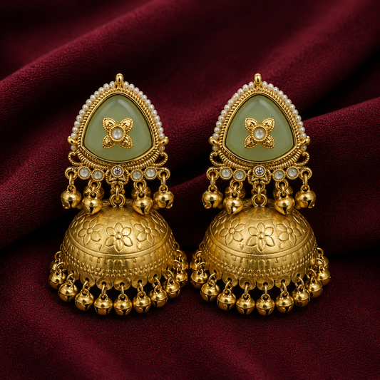 Matte Gold Plated Oversized Jhumka Earings with Kundan Polki Ghungroo Pearls for Women - Light Green (SJE_336_LG)