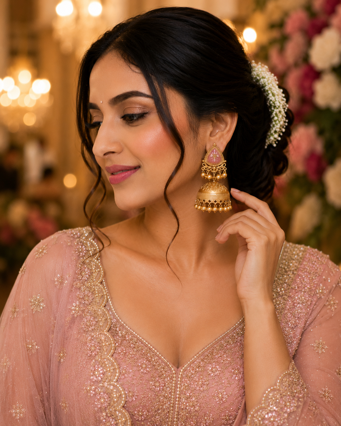 Matte Gold Plated Oversized Jhumka Earings with Kundan Polki Ghungroo Pearls for Women - Light Pink (SJE_336_LP)
