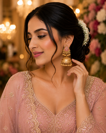 Matte Gold Plated Oversized Jhumka Earings with Kundan Polki Ghungroo Pearls for Women - Light Pink (SJE_336_LP)