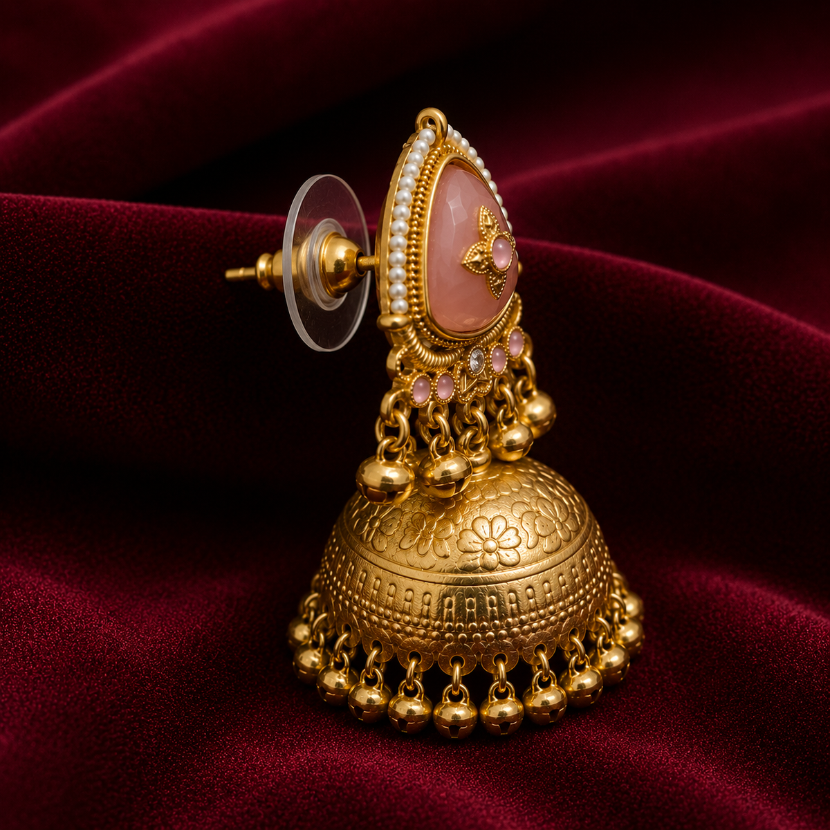 Matte Gold Plated Oversized Jhumka Earings with Kundan Polki Ghungroo Pearls for Women - Light Pink (SJE_336_LP)