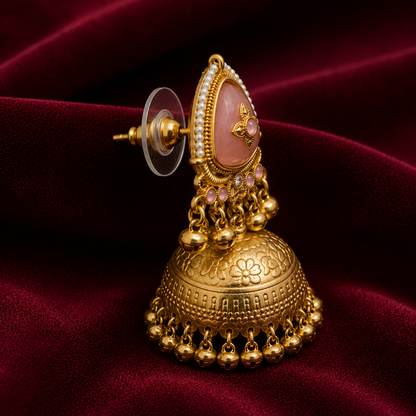 Matte Gold Plated Oversized Jhumka Earings with Kundan Polki Ghungroo Pearls for Women - Light Pink (SJE_336_LP)