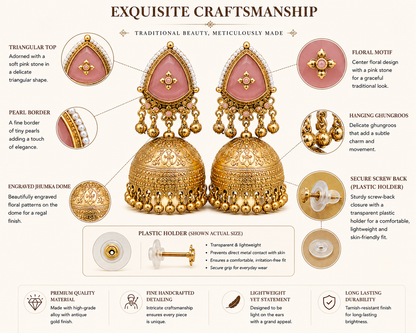 Matte Gold Plated Oversized Jhumka Earings with Kundan Polki Ghungroo Pearls for Women - Light Pink (SJE_336_LP)