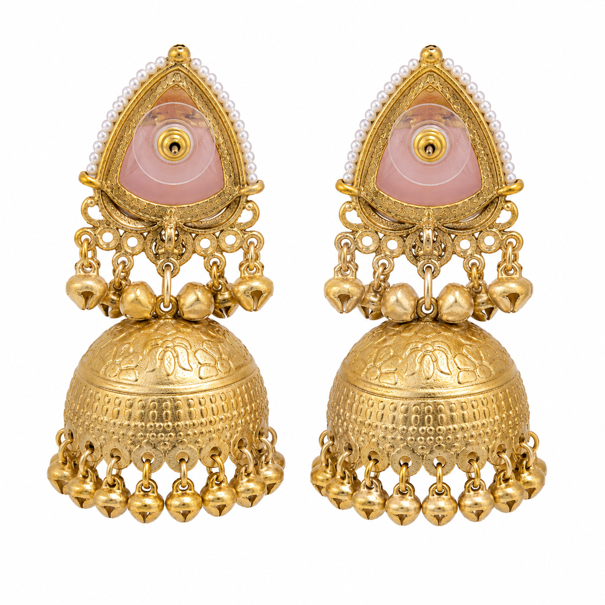 Matte Gold Plated Oversized Jhumka Earings with Kundan Polki Ghungroo Pearls for Women - Light Pink (SJE_336_LP)