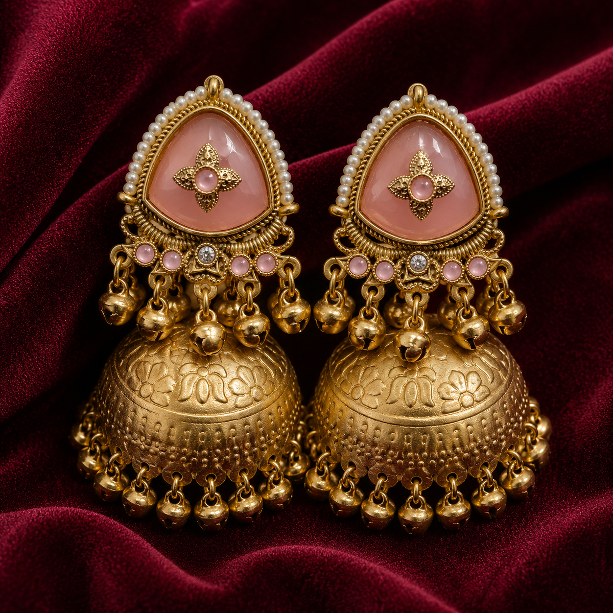 Matte Gold Plated Oversized Jhumka Earings with Kundan Polki Ghungroo Pearls for Women - Light Pink (SJE_336_LP)