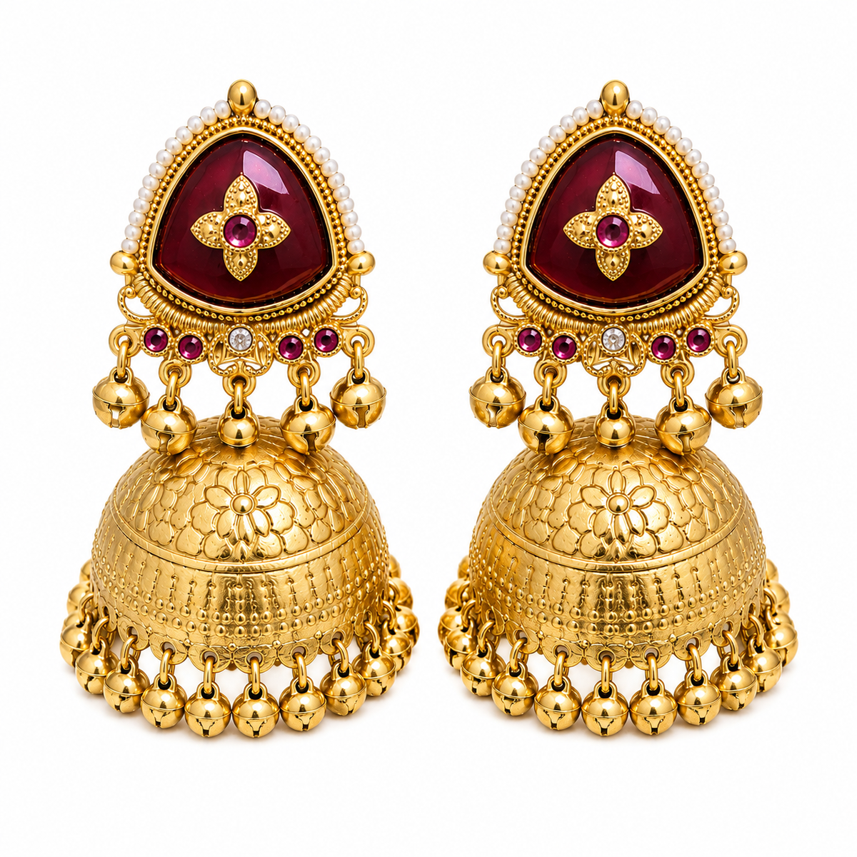 Matte Gold Plated Oversized Jhumka Earings with Kundan Polki Ghungroo Pearls for Women - Maroon (SJE_336_M)