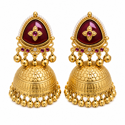 Matte Gold Plated Oversized Jhumka Earings with Kundan Polki Ghungroo Pearls for Women - Maroon (SJE_336_M)