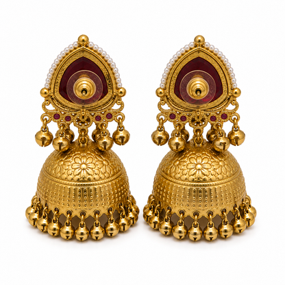 Matte Gold Plated Oversized Jhumka Earings with Kundan Polki Ghungroo Pearls for Women - Maroon (SJE_336_M)