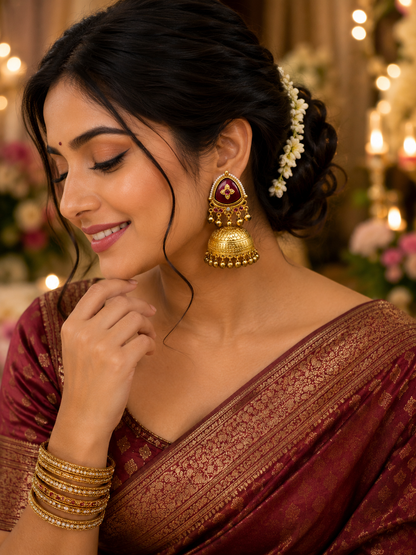 Matte Gold Plated Oversized Jhumka Earings with Kundan Polki Ghungroo Pearls for Women - Maroon (SJE_336_M)