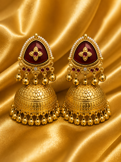 Matte Gold Plated Oversized Jhumka Earings with Kundan Polki Ghungroo Pearls for Women - Maroon (SJE_336_M)