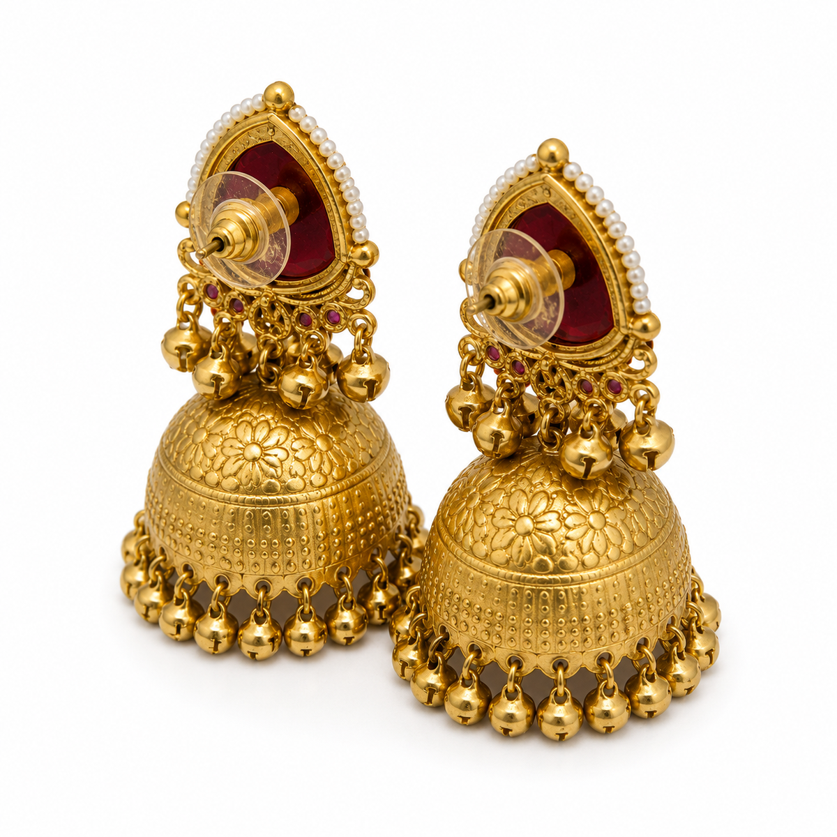 Matte Gold Plated Oversized Jhumka Earings with Kundan Polki Ghungroo Pearls for Women - Maroon (SJE_336_M)