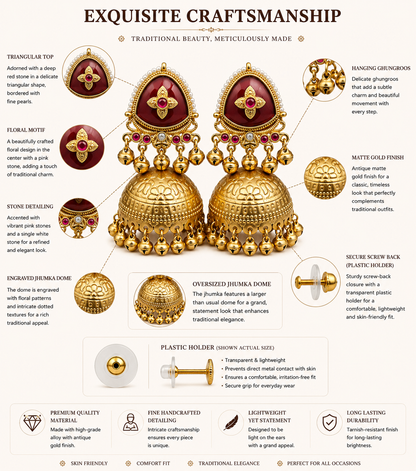 Matte Gold Plated Oversized Jhumka Earings with Kundan Polki Ghungroo Pearls for Women - Maroon (SJE_336_M)