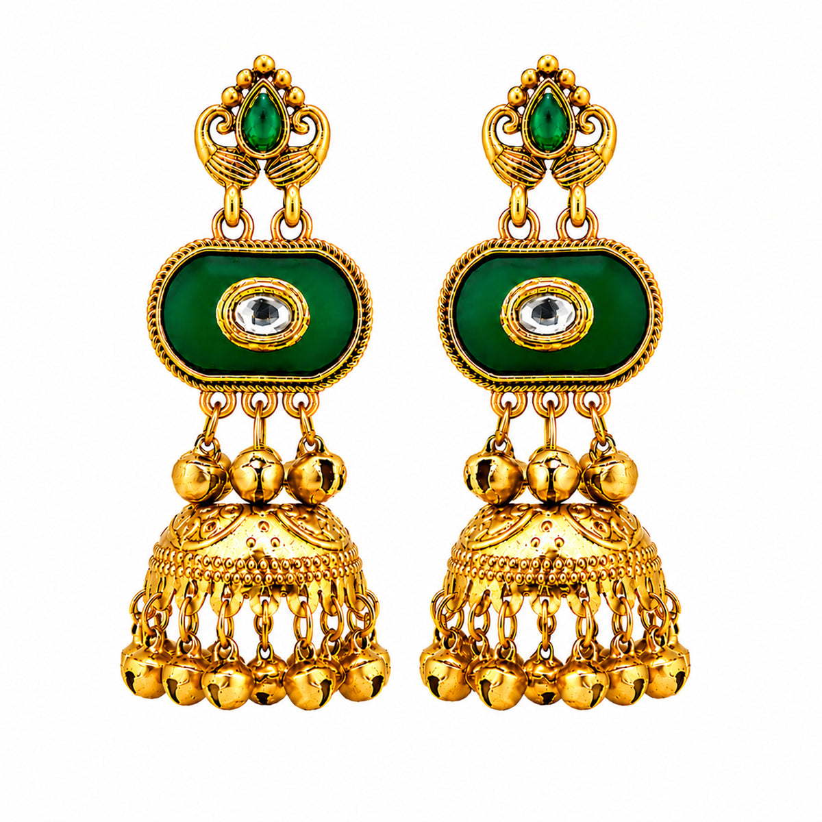 Matte Gold Plated Medium Size Jhumka Earings with Kundan Polki Ghungroo Pearls for Women - Green (SJE_337_G)