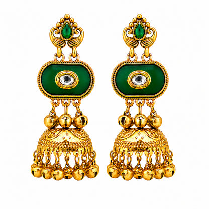 Matte Gold Plated Medium Size Jhumka Earings with Kundan Polki Ghungroo Pearls for Women - Green (SJE_337_G)