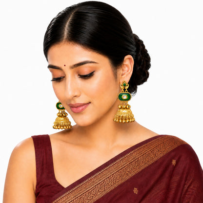 Matte Gold Plated Medium Size Jhumka Earings with Kundan Polki Ghungroo Pearls for Women - Green (SJE_337_G)
