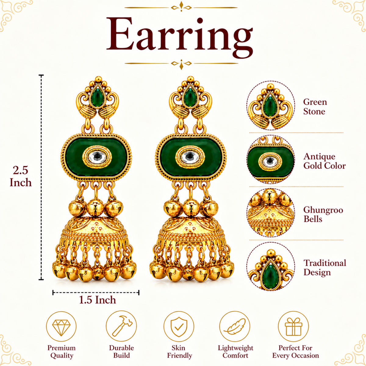 Matte Gold Plated Medium Size Jhumka Earings with Kundan Polki Ghungroo Pearls for Women - Green (SJE_337_G)