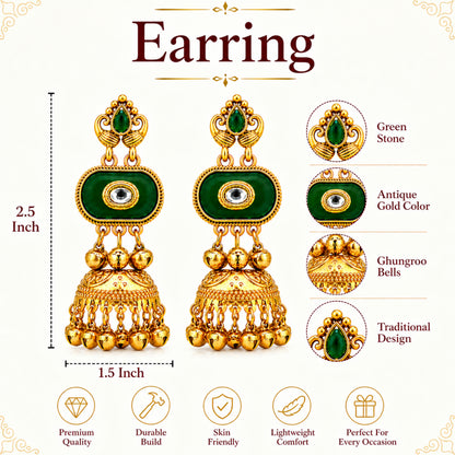 Matte Gold Plated Medium Size Jhumka Earings with Kundan Polki Ghungroo Pearls for Women - Green (SJE_337_G)