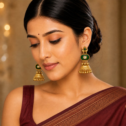Matte Gold Plated Medium Size Jhumka Earings with Kundan Polki Ghungroo Pearls for Women - Green (SJE_337_G)