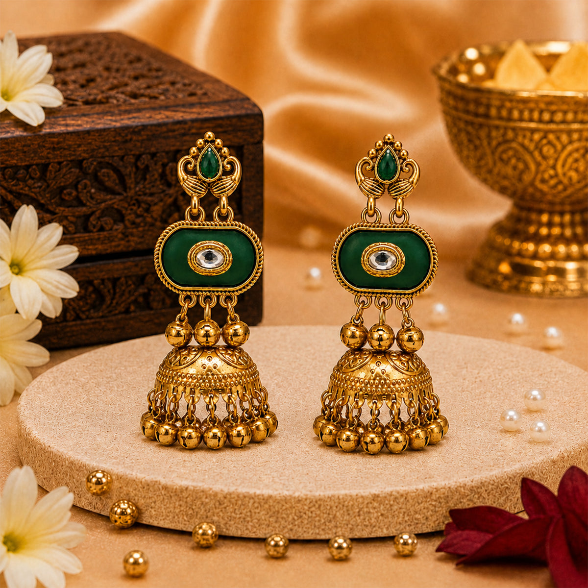 Matte Gold Plated Medium Size Jhumka Earings with Kundan Polki Ghungroo Pearls for Women - Green (SJE_337_G)