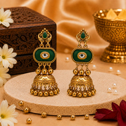 Matte Gold Plated Medium Size Jhumka Earings with Kundan Polki Ghungroo Pearls for Women - Green (SJE_337_G)