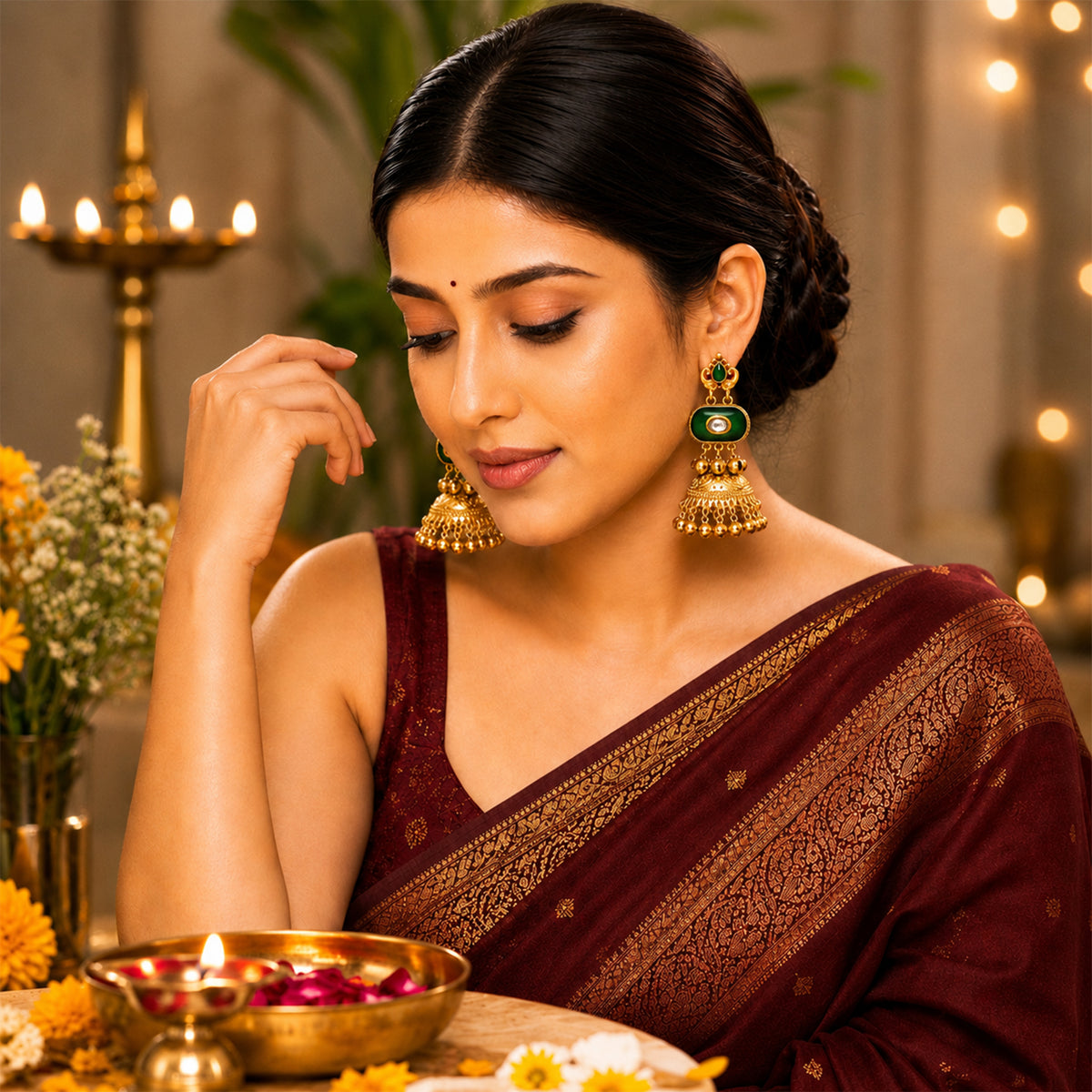 Matte Gold Plated Medium Size Jhumka Earings with Kundan Polki Ghungroo Pearls for Women - Green (SJE_337_G)