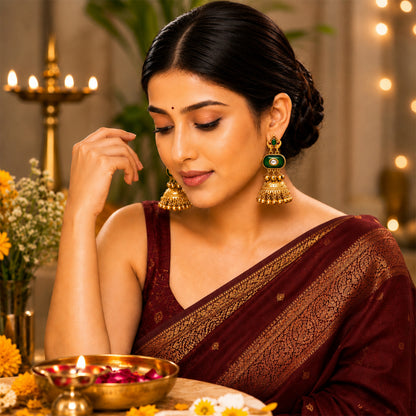 Matte Gold Plated Medium Size Jhumka Earings with Kundan Polki Ghungroo Pearls for Women - Green (SJE_337_G)