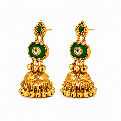 Matte Gold Plated Medium Size Jhumka Earings with Kundan Polki Ghungroo Pearls for Women - Green (SJE_337_G)