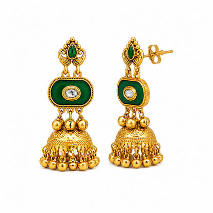 Matte Gold Plated Medium Size Jhumka Earings with Kundan Polki Ghungroo Pearls for Women - Green (SJE_337_G)