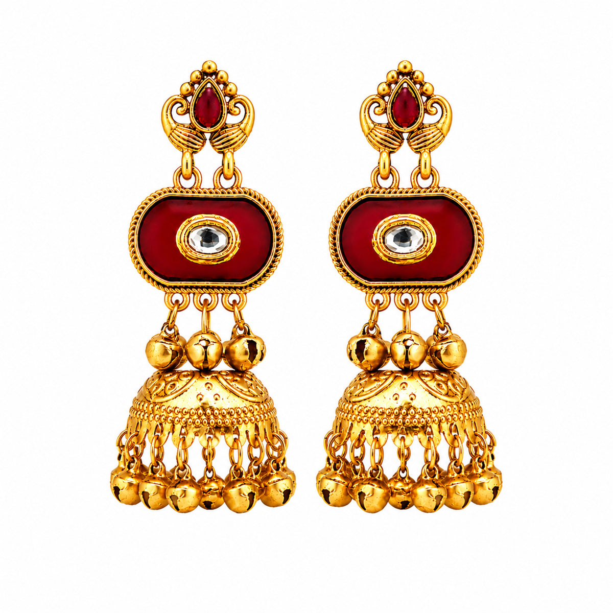Matte Gold Plated Medium Size Jhumka Earings with Kundan Polki Ghungroo Pearls for Women - Maroon (SJE_337_M)