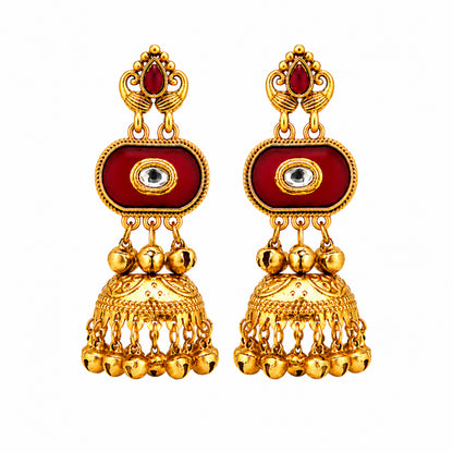 Matte Gold Plated Medium Size Jhumka Earings with Kundan Polki Ghungroo Pearls for Women - Maroon (SJE_337_M)