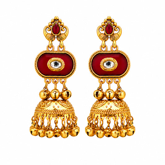 Matte Gold Plated Medium Size Jhumka Earings with Kundan Polki Ghungroo Pearls for Women - Maroon (SJE_337_M)