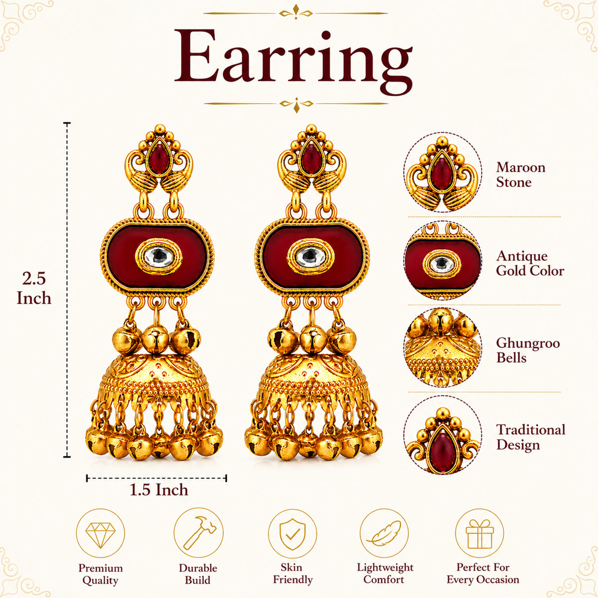 Matte Gold Plated Medium Size Jhumka Earings with Kundan Polki Ghungroo Pearls for Women - Maroon (SJE_337_M)