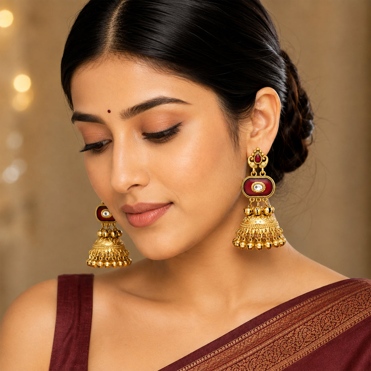 Matte Gold Plated Medium Size Jhumka Earings with Kundan Polki Ghungroo Pearls for Women - Maroon (SJE_337_M)