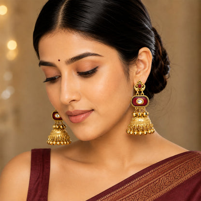 Matte Gold Plated Medium Size Jhumka Earings with Kundan Polki Ghungroo Pearls for Women - Maroon (SJE_337_M)
