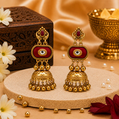 Matte Gold Plated Medium Size Jhumka Earings with Kundan Polki Ghungroo Pearls for Women - Maroon (SJE_337_M)