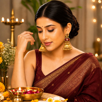 Matte Gold Plated Medium Size Jhumka Earings with Kundan Polki Ghungroo Pearls for Women - Maroon (SJE_337_M)