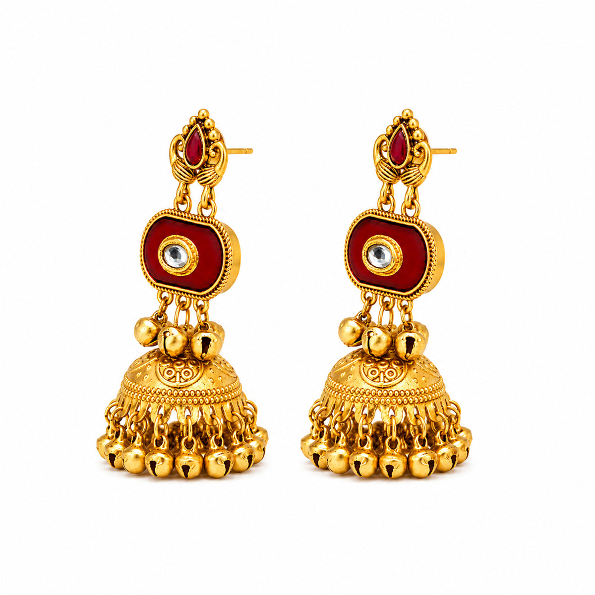 Matte Gold Plated Medium Size Jhumka Earings with Kundan Polki Ghungroo Pearls for Women - Maroon (SJE_337_M)