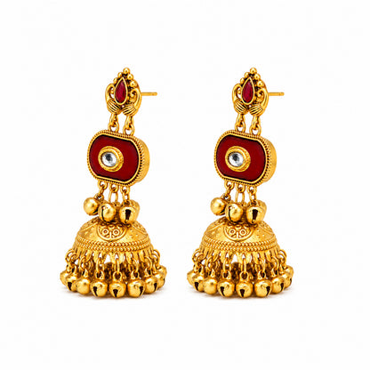 Matte Gold Plated Medium Size Jhumka Earings with Kundan Polki Ghungroo Pearls for Women - Maroon (SJE_337_M)