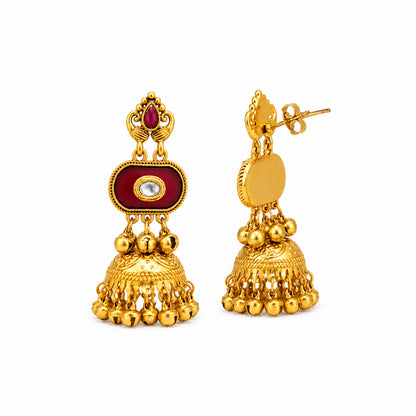 Matte Gold Plated Medium Size Jhumka Earings with Kundan Polki Ghungroo Pearls for Women - Maroon (SJE_337_M)