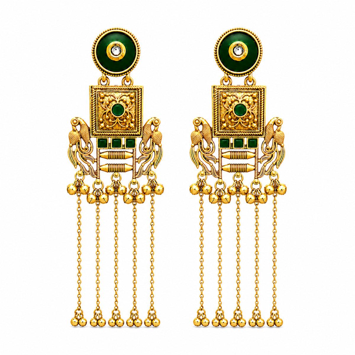 Matte Gold Plated Drop Chandelier Earrings with Peacock Design for Women - Green  (SJE_338_G)