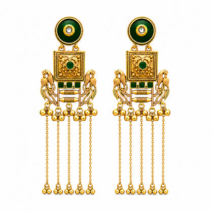 Matte Gold Plated Drop Chandelier Earrings with Peacock Design for Women - Green  (SJE_338_G)
