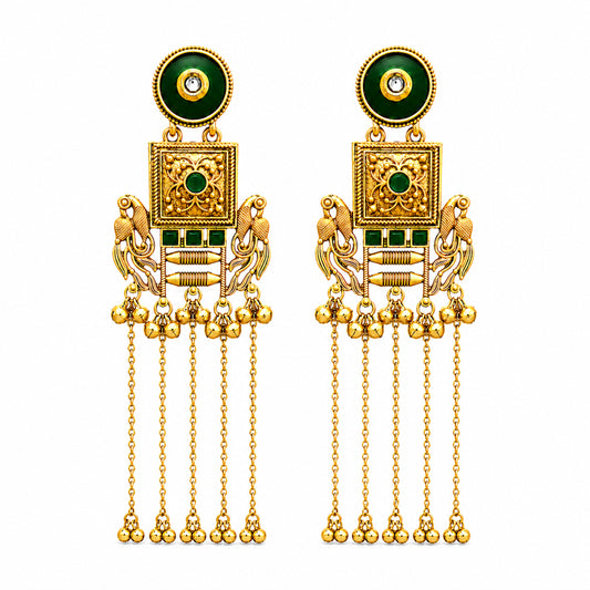 Matte Gold Plated Drop Chandelier Earrings with Peacock Design for Women - Green  (SJE_338_G)