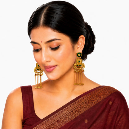 Matte Gold Plated Drop Chandelier Earrings with Peacock Design for Women - Green  (SJE_338_G)