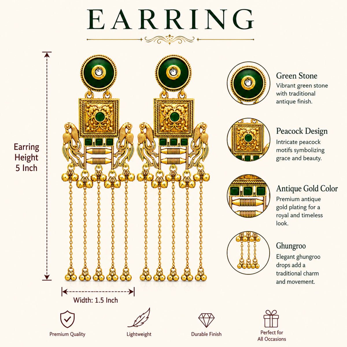 Matte Gold Plated Drop Chandelier Earrings with Peacock Design for Women - Green  (SJE_338_G)