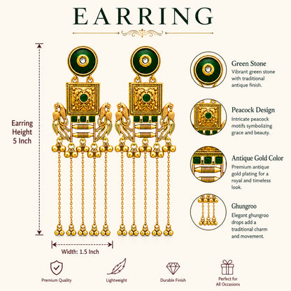Matte Gold Plated Drop Chandelier Earrings with Peacock Design for Women - Green  (SJE_338_G)