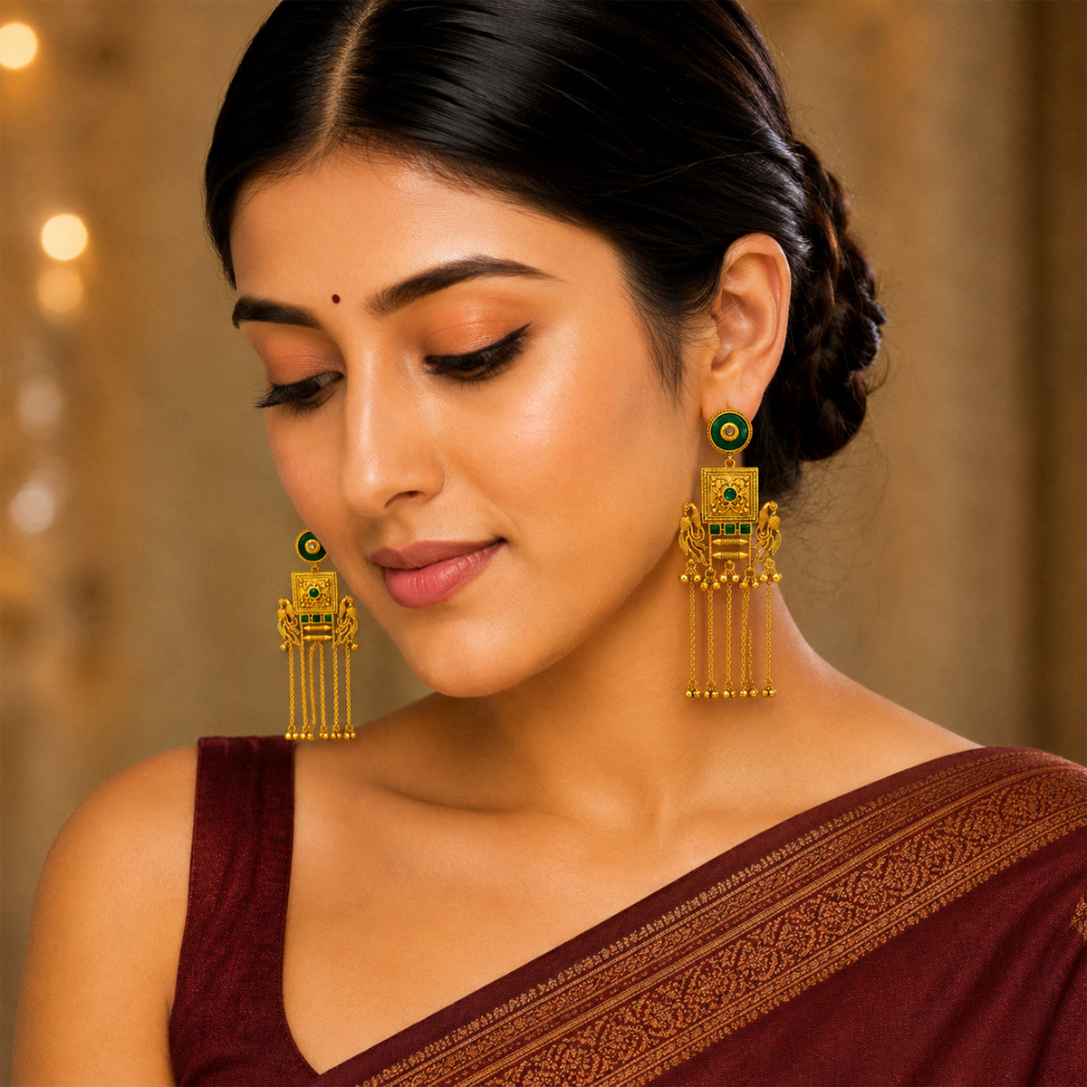 Matte Gold Plated Drop Chandelier Earrings with Peacock Design for Women - Green  (SJE_338_G)