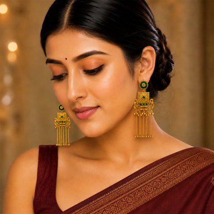 Matte Gold Plated Drop Chandelier Earrings with Peacock Design for Women - Green  (SJE_338_G)